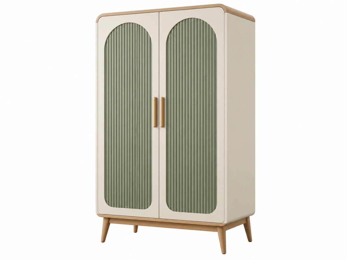 Armadio 90 x 45 x 180 cm in legno beige e verde con 2 ante scanalate stile retrò