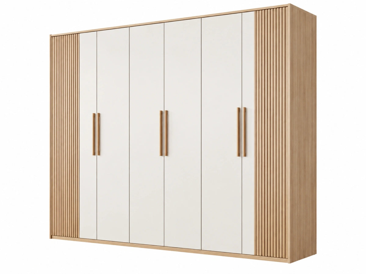 Armadio guardaroba 240 x 60 x 220 cm in MDF bianco e rovere con 6 ante stile moderno