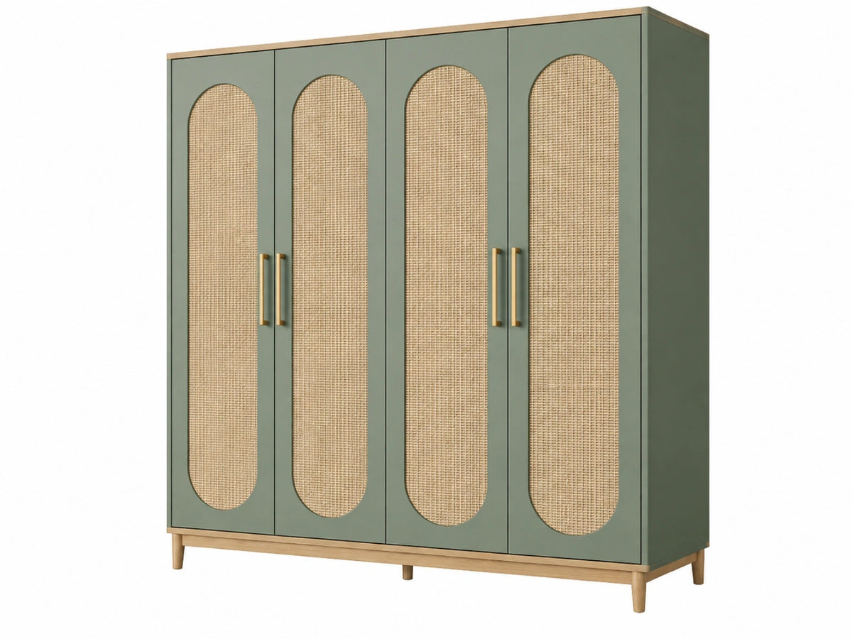 Armadio guardaroba 180 x 55 x 200 cm verde e naturale in legno e rattan - 4 ante stile boho