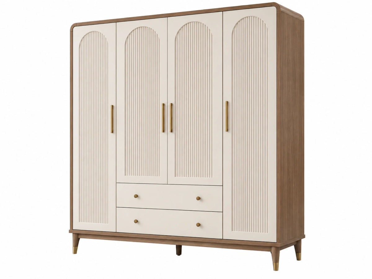 Armadio guardaroba 200 x 55 x 200 cm in legno beige e noce con 4 ante e 2 cassetti stile moderno