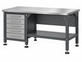 Banco da lavoro 152 x 61 x 95 cm in acciaio inox argento e nero con 5 cassetti e ripiano
