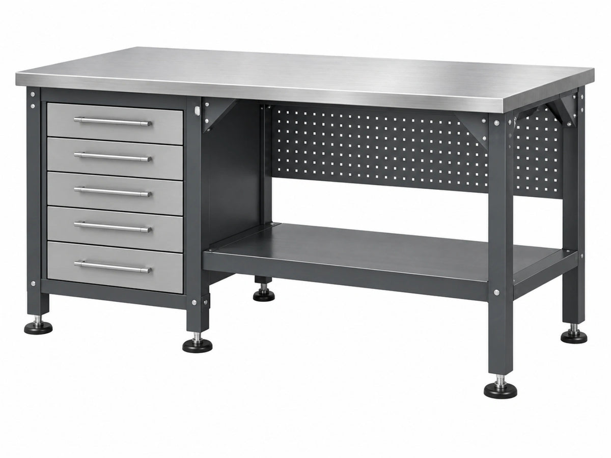 Banco da lavoro 152 x 61 x 95 cm in acciaio inox argento e nero con 5 cassetti e ripiano