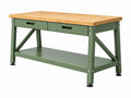Banco da lavoro 150x60x90 cm in acciaio verde e legno con 2 cassetti e ripiano inferiore