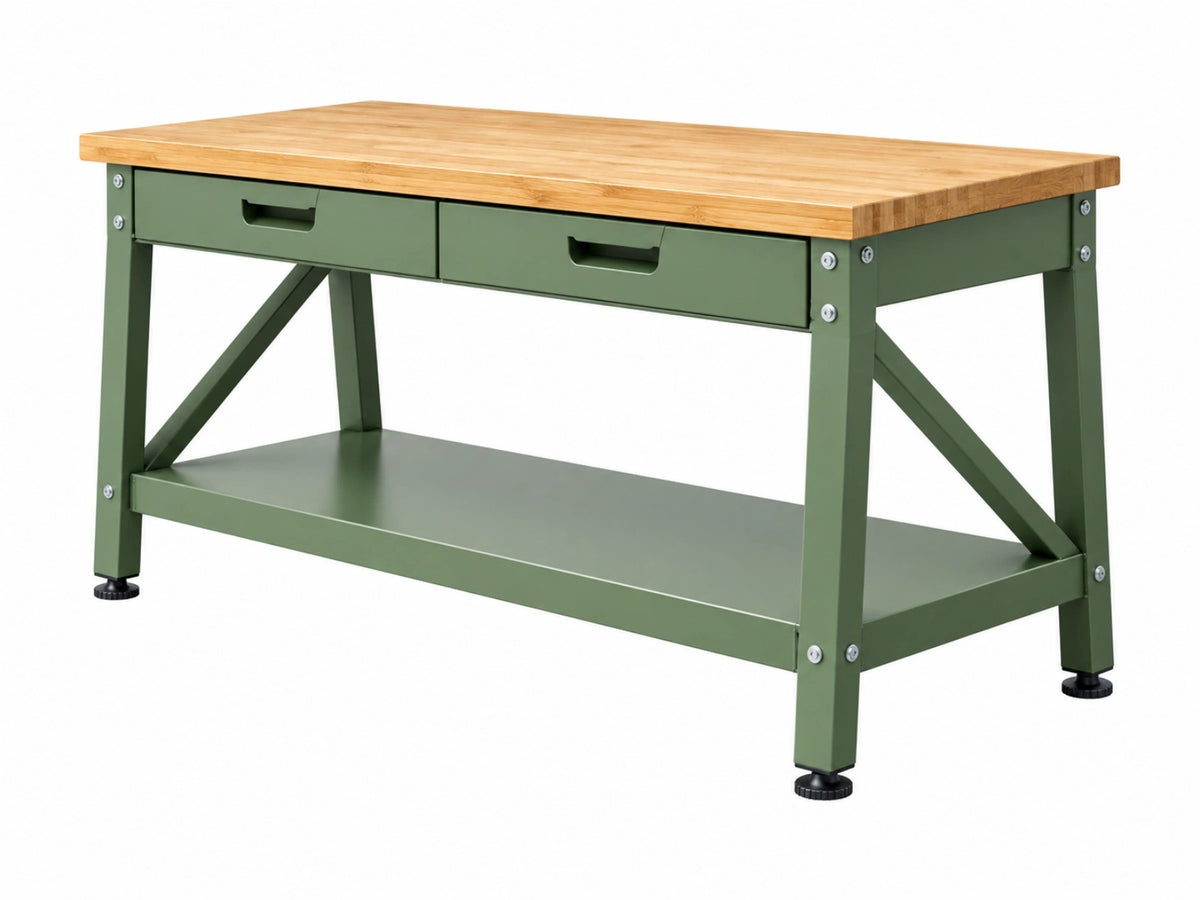 Banco da lavoro 150x60x90 cm in acciaio verde e legno con 2 cassetti e ripiano inferiore