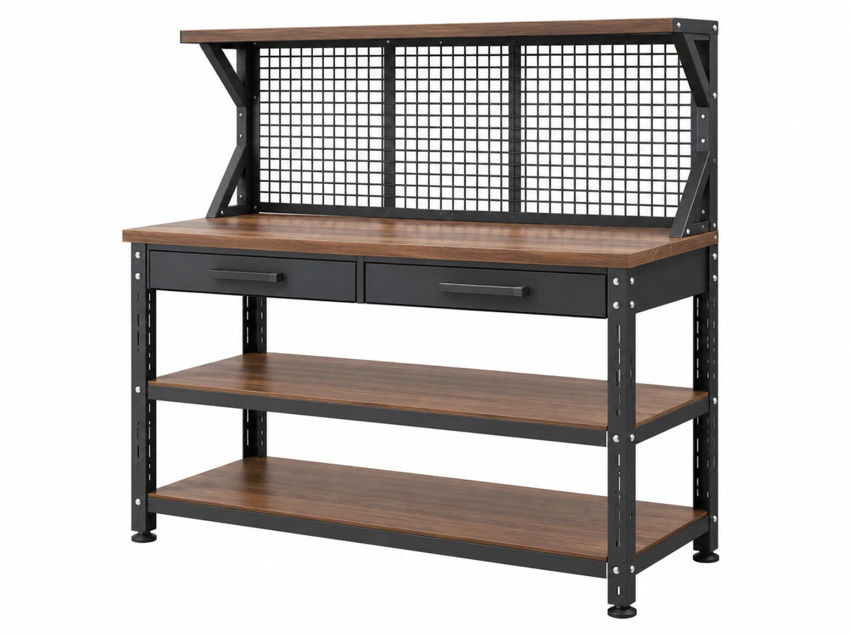 Banco da lavoro 120 x 60 x 160 cm in acciaio e legno marrone nero con ripiani cassetti e pannello a griglia stile industriale