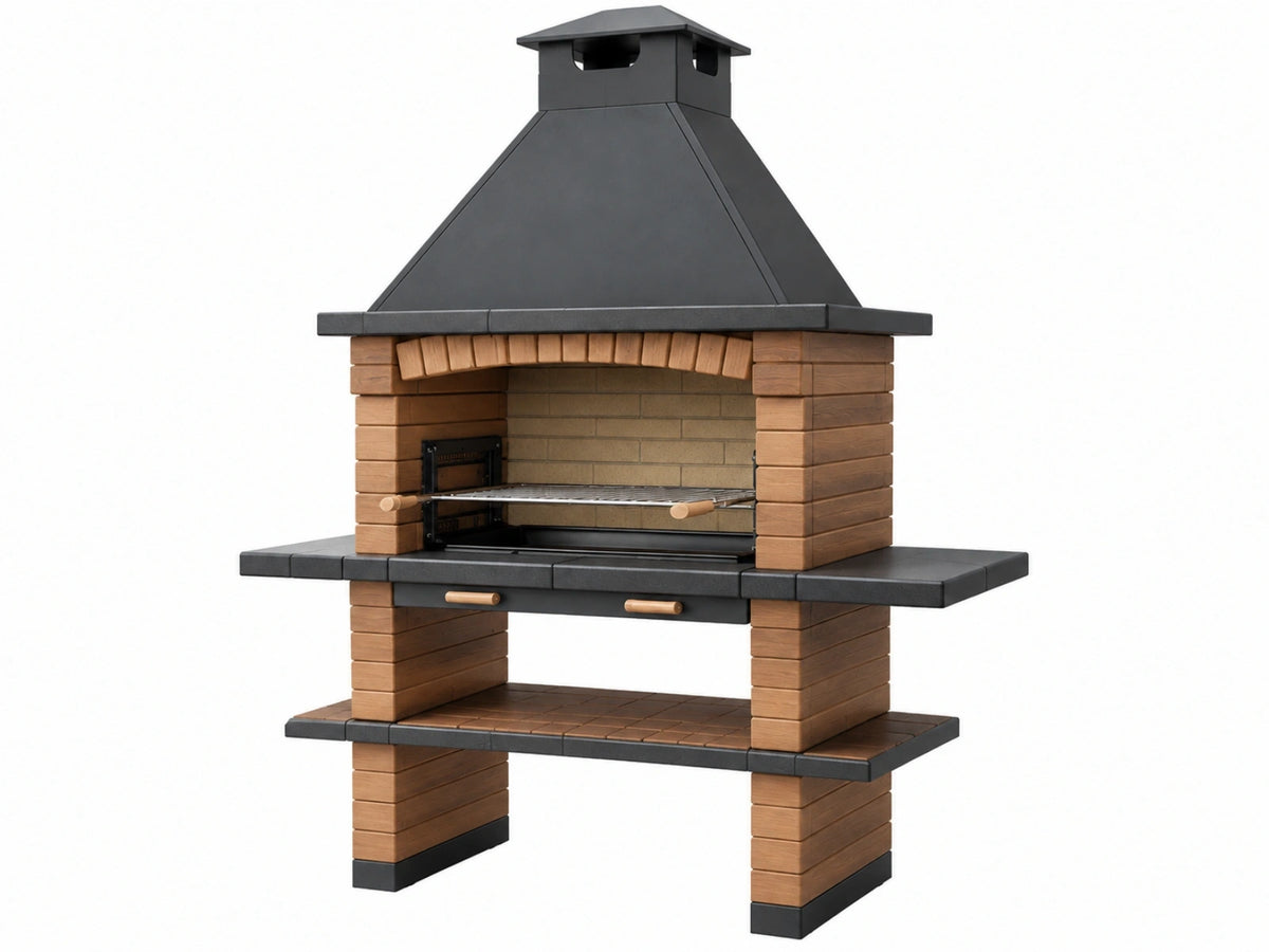 Barbecue da giardino 120 x 70 x 220 cm in mattoni refrattari e metallo marrone nero con cappa e griglia