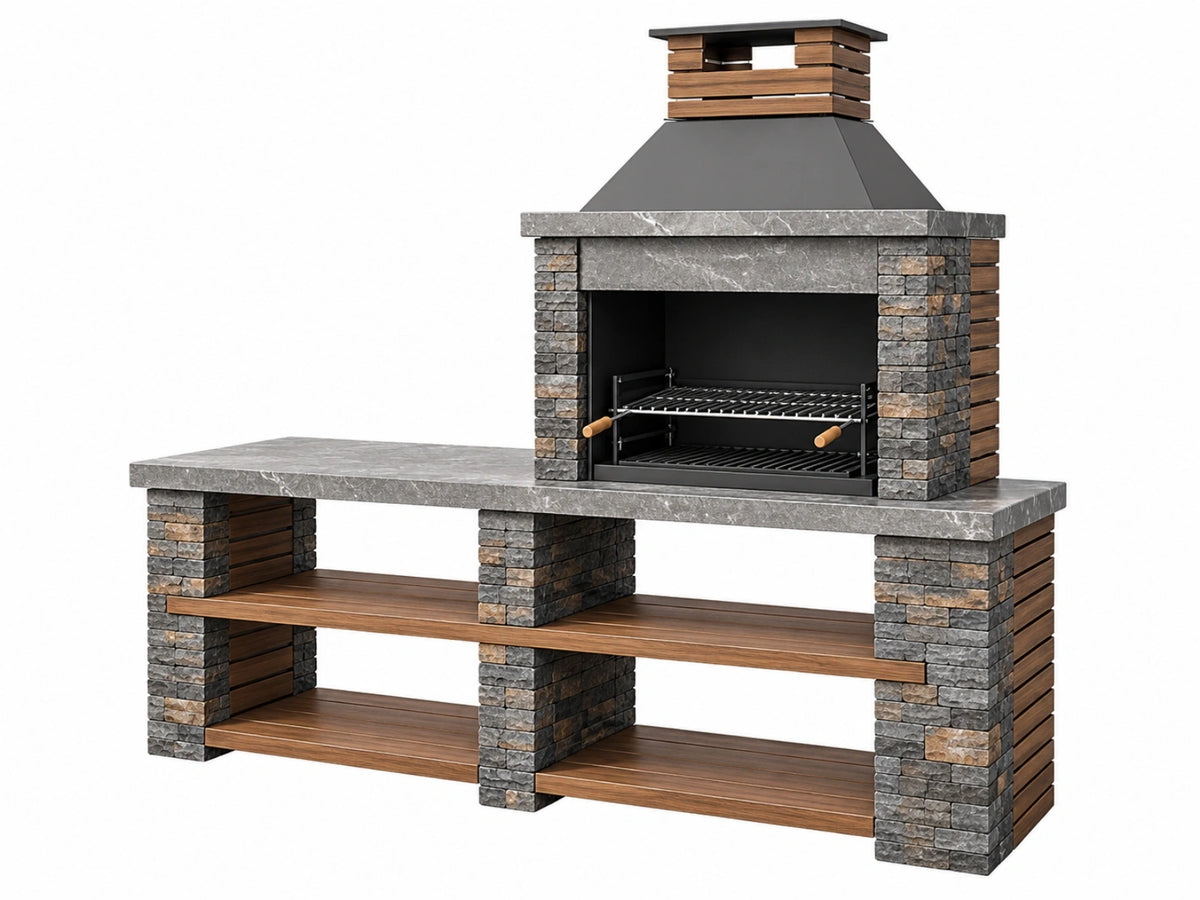 Barbecue da giardino 180 x 70 x 230 cm in pietra metallo e legno grigio con ripiani