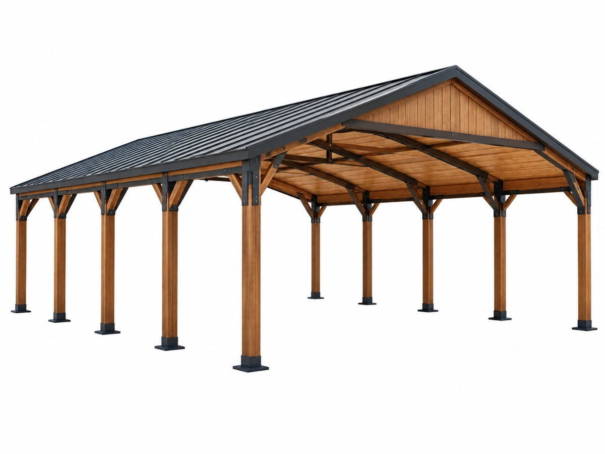 Tettoia per auto 900 x 600 x 330 cm in legno marrone con tetto in metallo nero - copertura da esterno