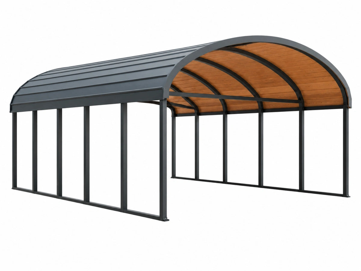 Tettoia per auto 600 x 300 cm in metallo nero e legno con copertura ad arco