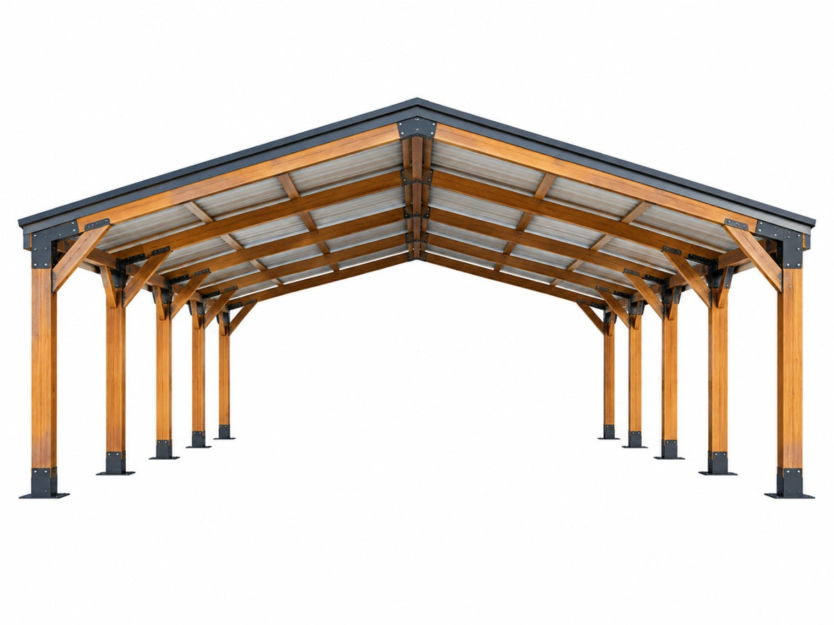 Tettoia autoportante 600 x 300 x 270 cm in legno marrone con copertura in metallo per esterno