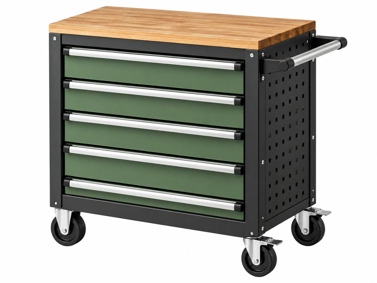 Cassettiera portautensili 80 x 46 x 97 cm in metallo nero e verde con piano in legno e ruote