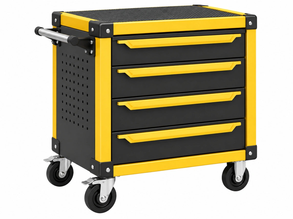 Carrello portautensili 75 x 46 x 95 cm in acciaio nero e giallo con 4 cassetti e ruote