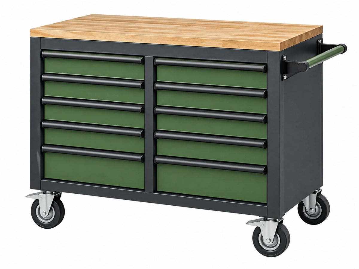 Carrello portautensili 120 x 60 x 90 cm in acciaio verde e nero con piano in legno e ruote