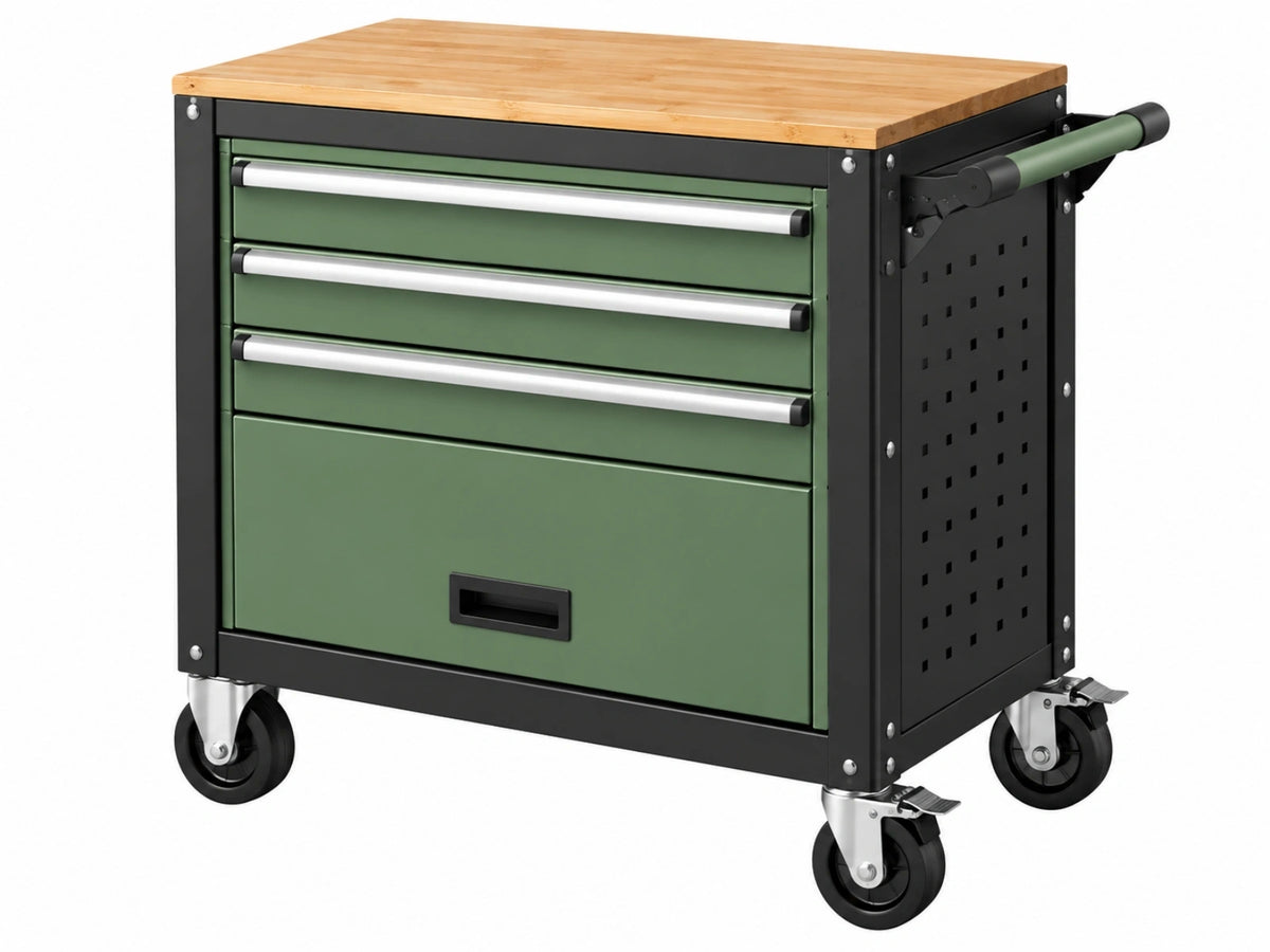 Carrello portautensili 90 x 50 x 90 cm in acciaio verde con piano in bambù e 4 cassetti