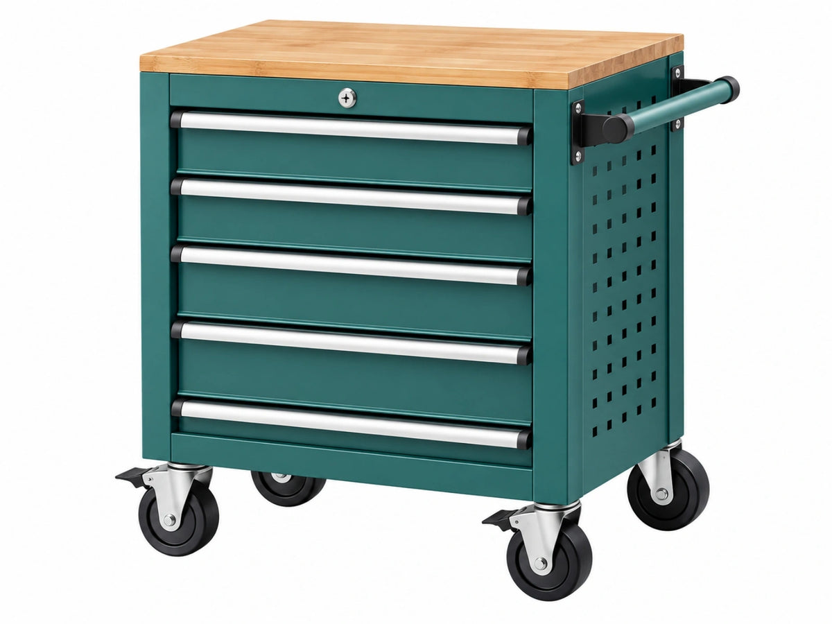 Carrello portautensili 72 x 46 x 86 cm in acciaio verde con piano in legno - 5 cassetti e ruote