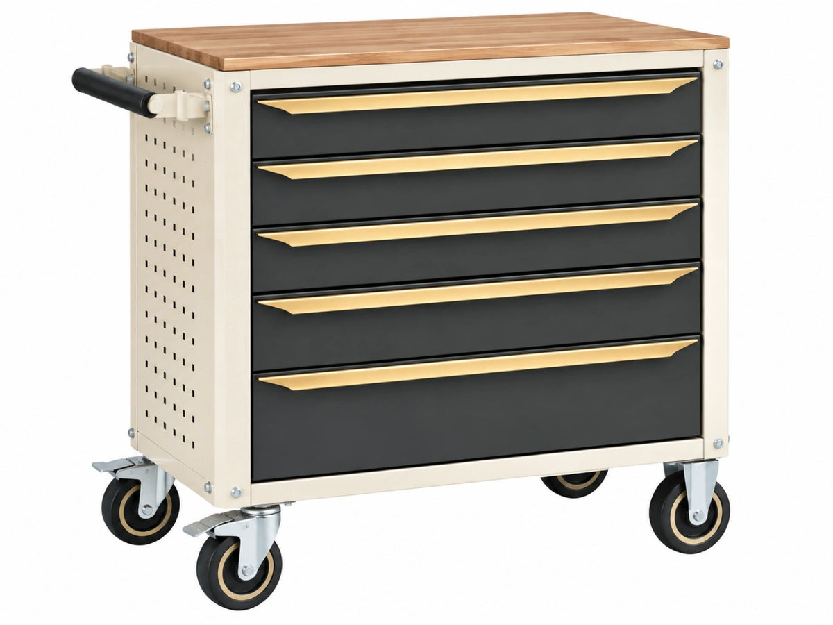 Carrello portautensili 80 x 50 x 90 cm in acciaio nero e beige con piano in legno e 5 cassetti