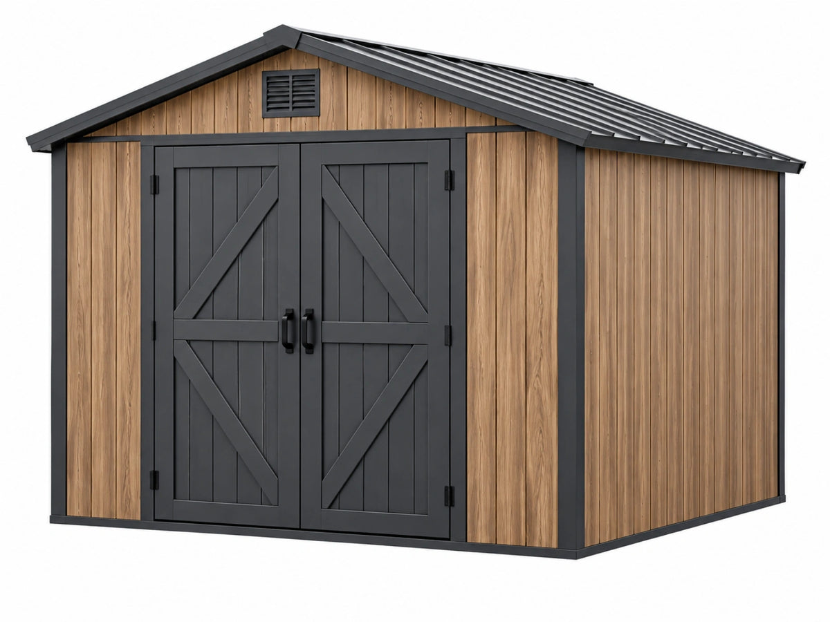 Casetta da giardino 240 x 180 x 210 cm in pannelli effetto legno marrone e metallo antracite - doppia porta ventilata
