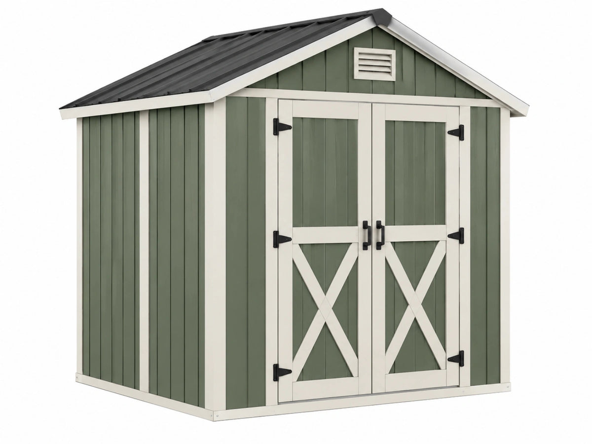 Casetta da giardino 180 x 120 x 190 cm in legno verde e bianco con tetto in metallo e doppia porta