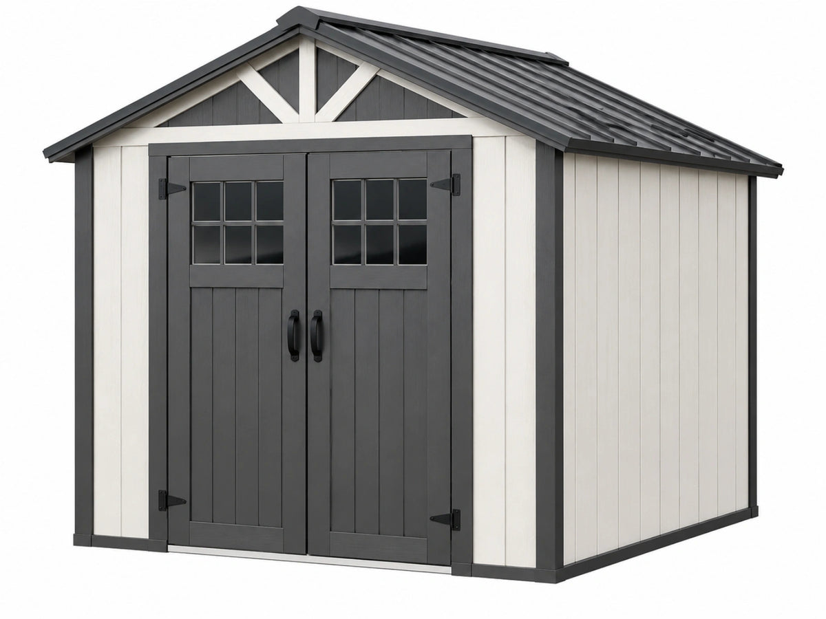 Casetta da giardino 213 x 130 x 185 cm in resina grigio antracite con doppia porta e finestre