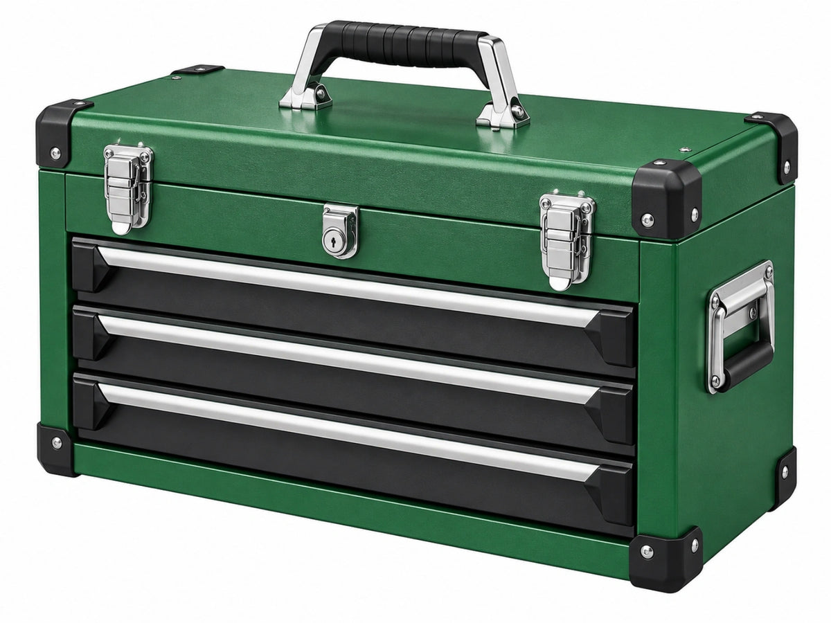 Cassettiera portautensili 60 x 30 x 38 cm in metallo verde con 3 cassetti - valigetta portatile con serratura